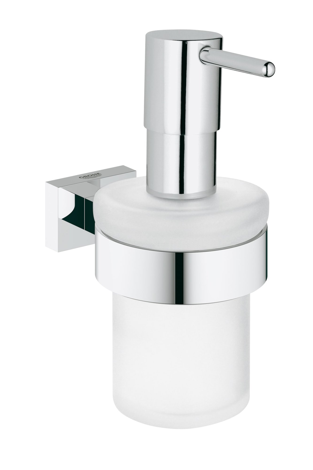 Grohe Essentials Cube, Zeepdispenser met houder, rond, wand, 1-gats, 160ml vulhoeveelheid, metaal/glas, chroom