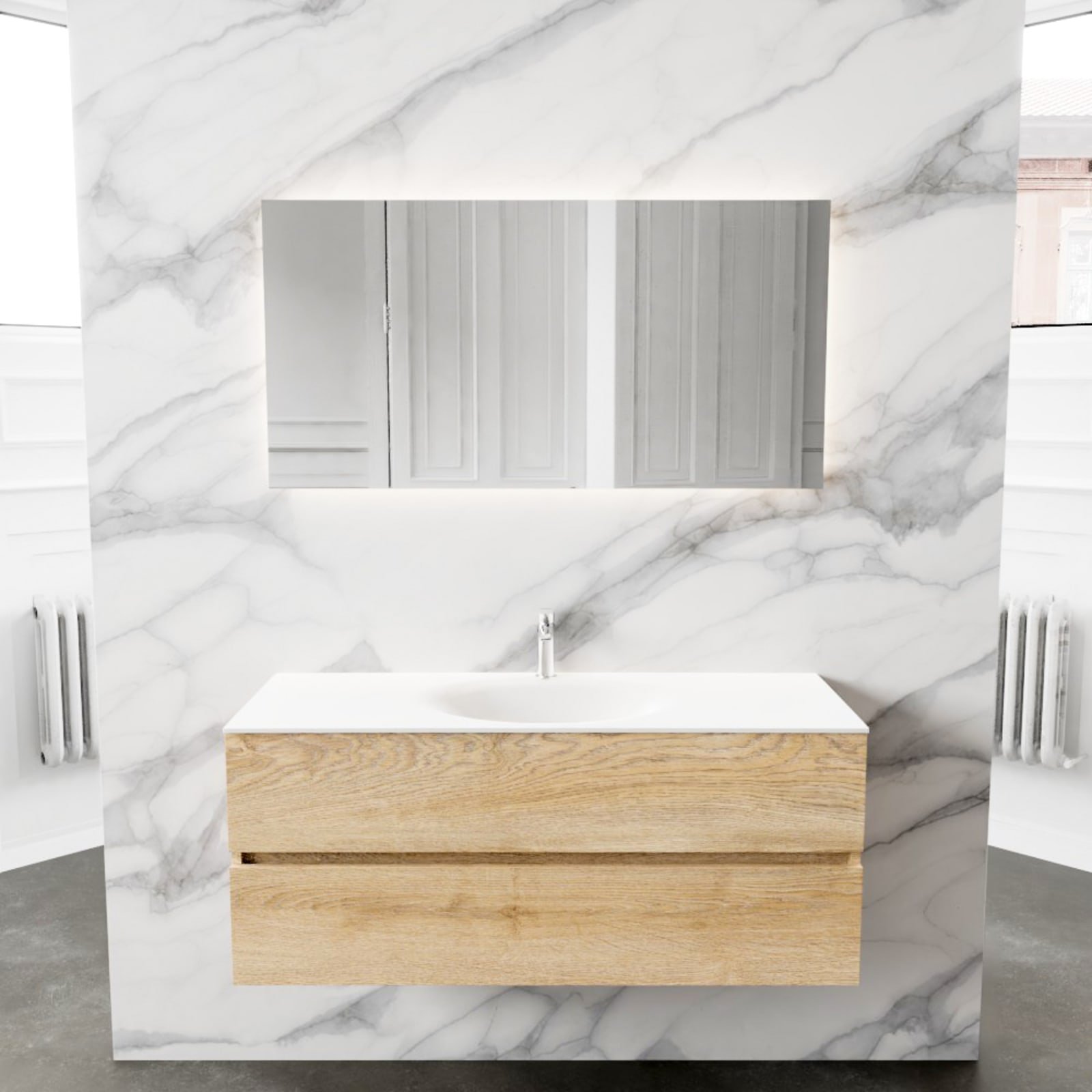 Blue Label Annika onderbouwkast, Solid Surface wastafel Moon, midden, 2x lade, kraangat, 1200x500x450mm (BxHxD), hout gewassen eik