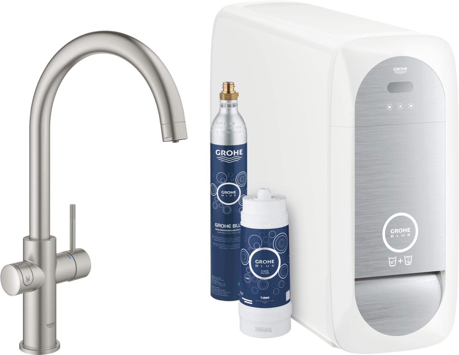 Grohe Blue Home C&S Duo, Keukenmengkraan starterkit, tweegreeps, Wifi Bluetooth, 418mm hoogte, 224mm C-uitloop, draai, supersteel