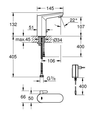Grohe Eurosmart Cosmopolitan E Infrarood wastafelkraan met menging en instelbare temperatuurbegrenzer m-size chroom (1200616491)