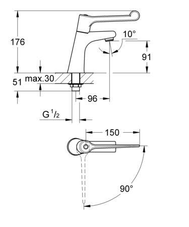 Grohe Euroeco Hospita, Toiletkraan, eengreeps, 1-gats, bovendeel keramisch, 176mm hoogte, 95mm voorsprong uitloop, vast, chroom