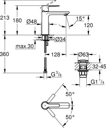 Grohe Lineare New Wastafelmengkraan, S-size, push open waste, eengreeps, 1-gats, 180mm hoogte, glad, 128mm uitloop, vast, chroom