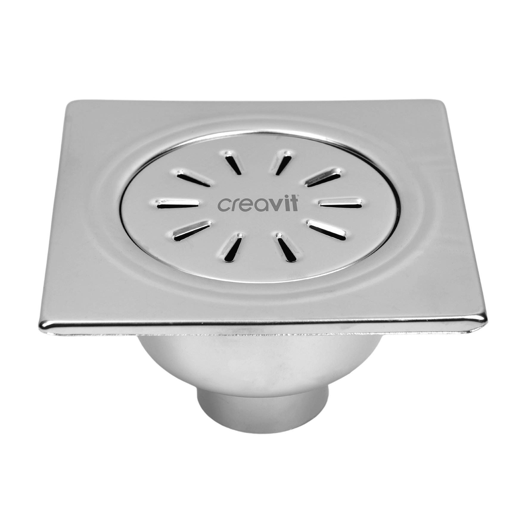 VLOERSIFON UITGANG VERTICAAL, VOLLEDIG IN RVS 15X15 Ø50