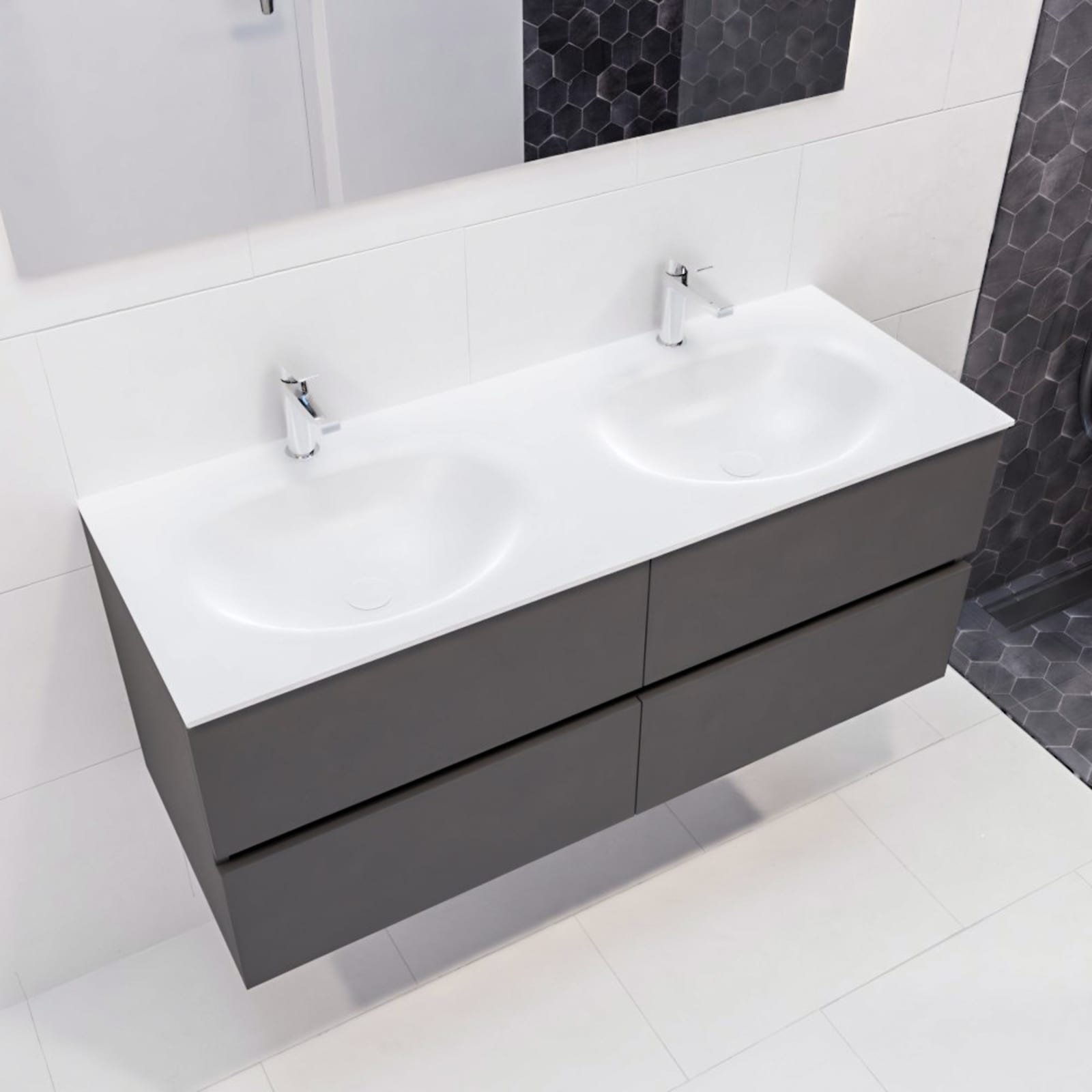 Blue Label Annika onderbouwkast, Solid Surface wastafel Moon, dubbel, 4x lade, 2x kraangat, 1200 x 500 x 450mm (BxHxD), antraciet