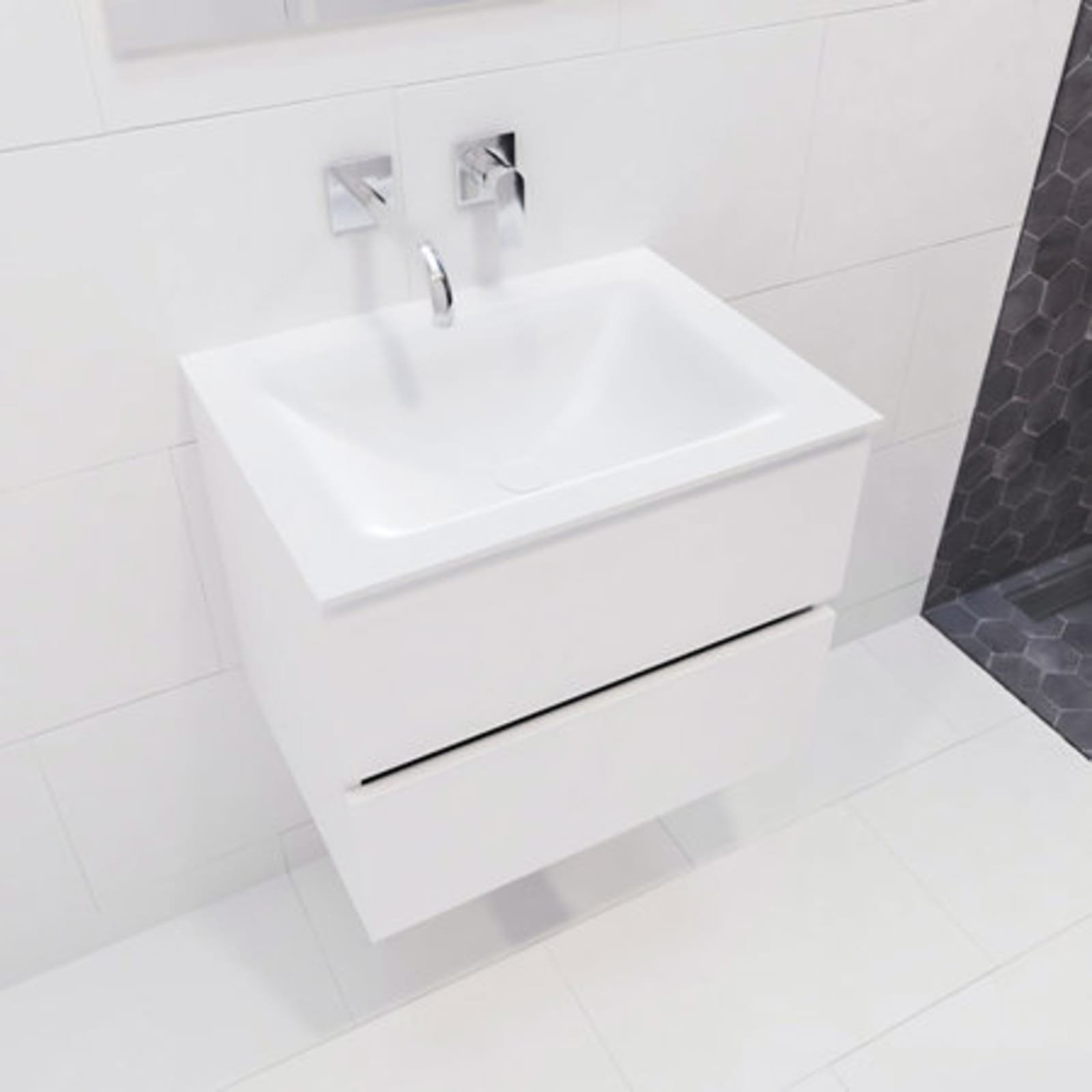Blue Label Annika onderbouwkast, Solid Surface wastafel Cloud, midden, 2x lade, geen kraangat, 600 x 500 x 450mm (BxHxD), mat wit