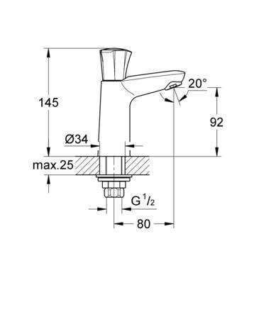 Grohe Costa L, Toiletkraan, eengreeps, 1-gats, bovendeel niet keramisch, 145mm hoogte, 80mm voorsprong uitloop hoog, vast, chroom