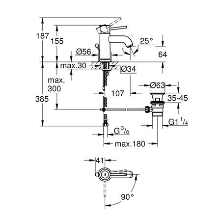 Grohe Start Classic, Wastafelmengkraan, S-size, ES, trekwaste, eengreeps, 1-gats, 187mm hoogte, 107mm uitloop, vast, chroom thumbnail 2
