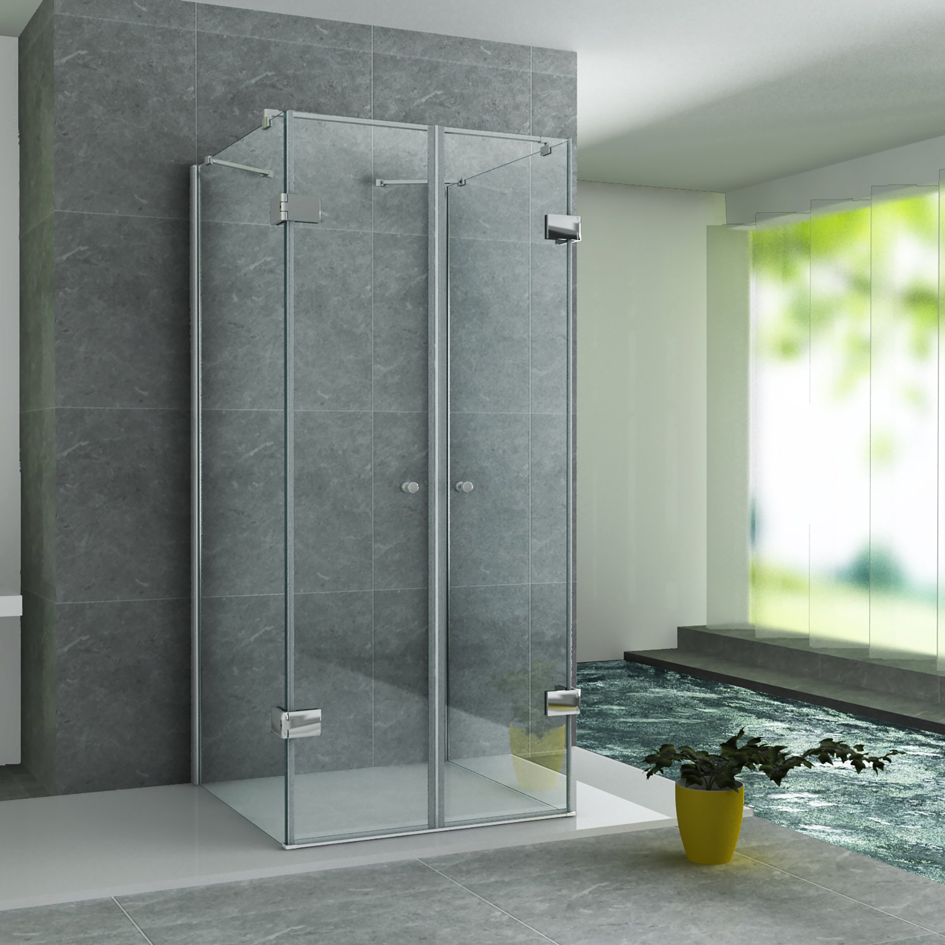 ALONI DOUCHECABINE - U-OPSTELLING - 2 DRAAIDEUREN EN 2 ZIJWANDEN - 900 X 900 X 1950 MM - CHROOM - HELDER GLAS