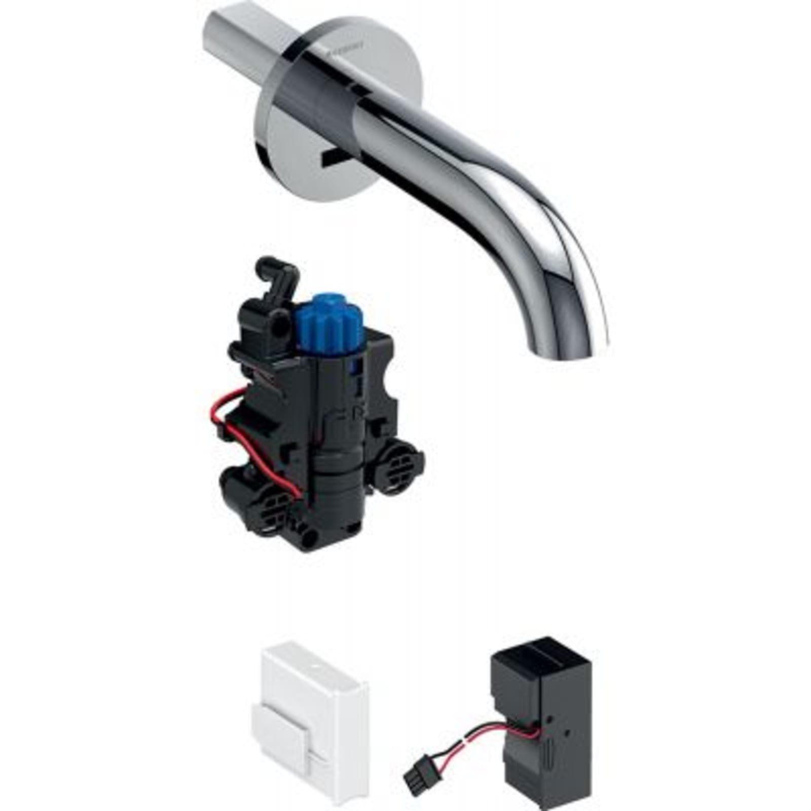Geberit Piave wastafelkraan thermostatisch 230V, voor inbouw-functiebox, wandmontage lengte 17 cm. Glans chroom