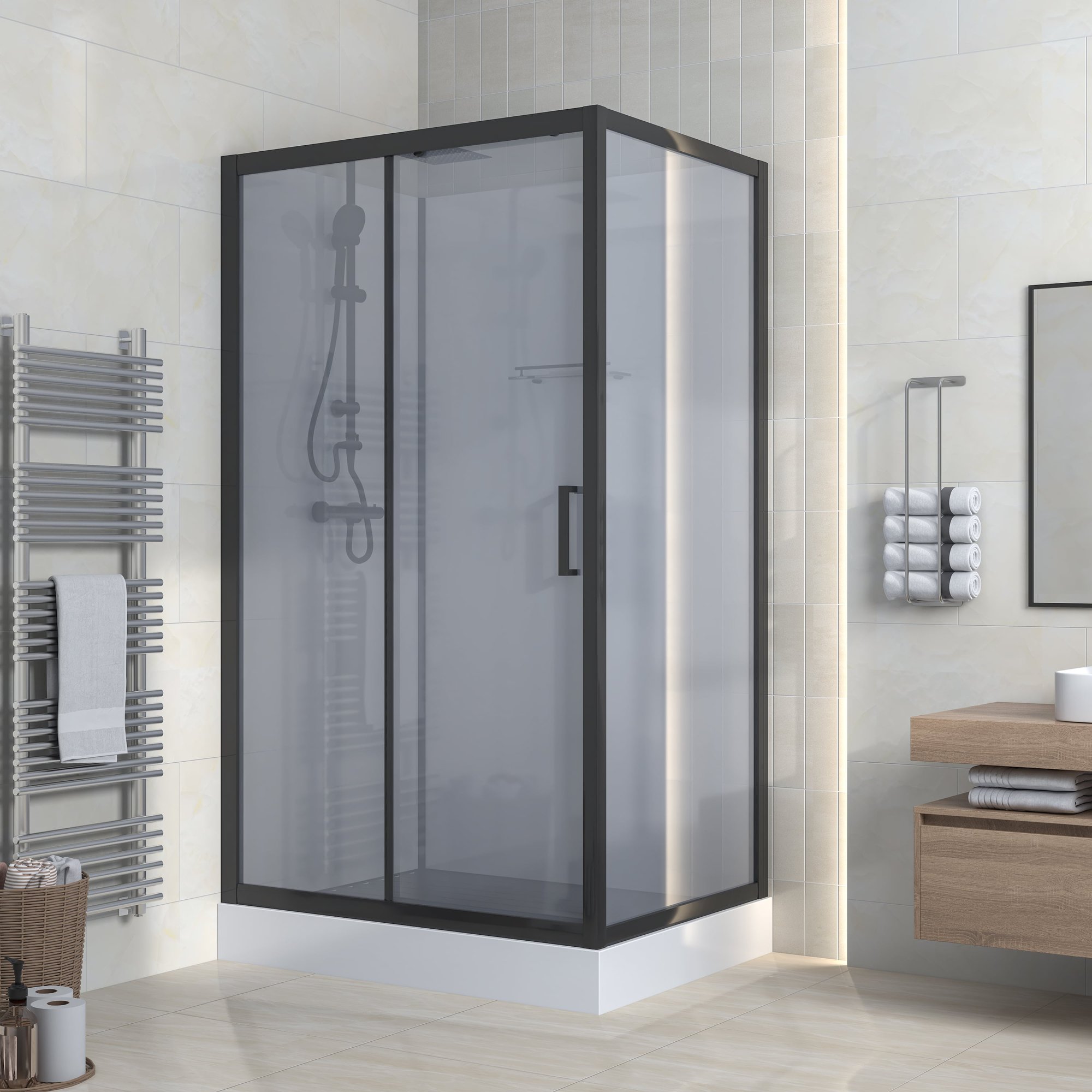 MARANI COMPLETE DOUCHECABINE MET SCHUIFDEUR - OMKEERBAAR - 110X225X80 CM - MAT ZWART - GRIJS ROOKGLAS