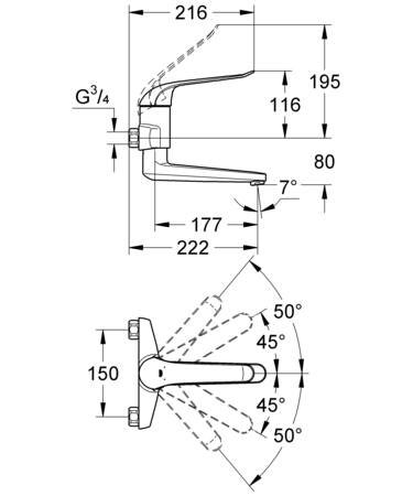 Grohe Eurosmart Care, Wastafelmengkraan, wand, eengreeps, 2-gats, 195mm hoogte, 177mm uitloop, draaibaar, chroom
