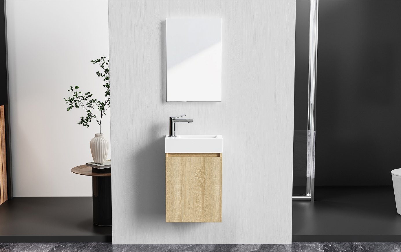 ALONI ZYRO TOILETMEUBELSET - COMPLEET - ONDERKAST MET 1 DEUR - GREEPLOOS - SOFT CLOSE - OMKEERBAAR - SPIEGEL - FONTEIN - 40,5X22,5 CM - LICHT EIKEN/GLANZEND WIT