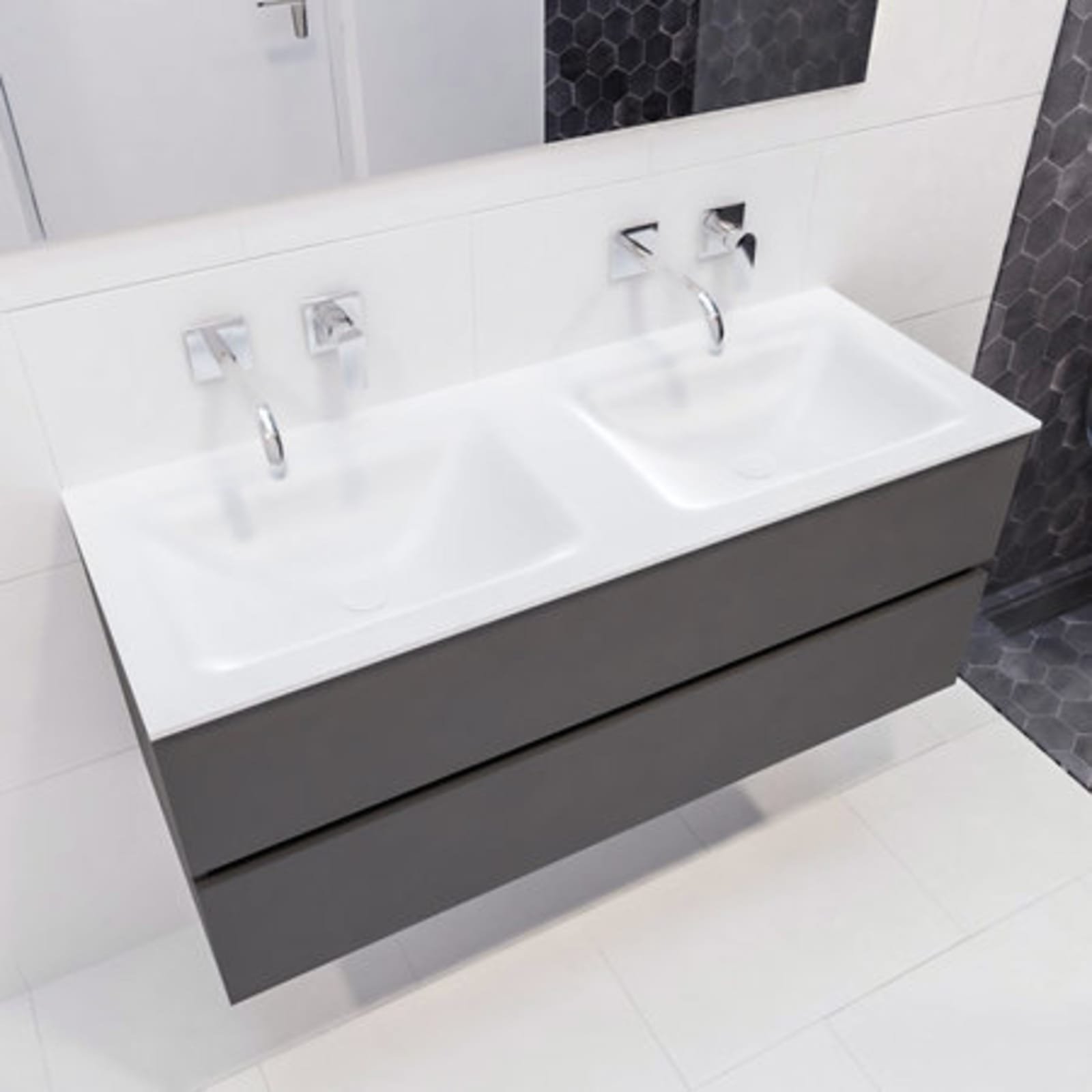 Blue Label Annika onderbouwkast, Solid Surface wastafel Cloud, dubbel, 2x lade, geen kraangat, 1200 x 500 x 450mm (BxHxD), antraciet