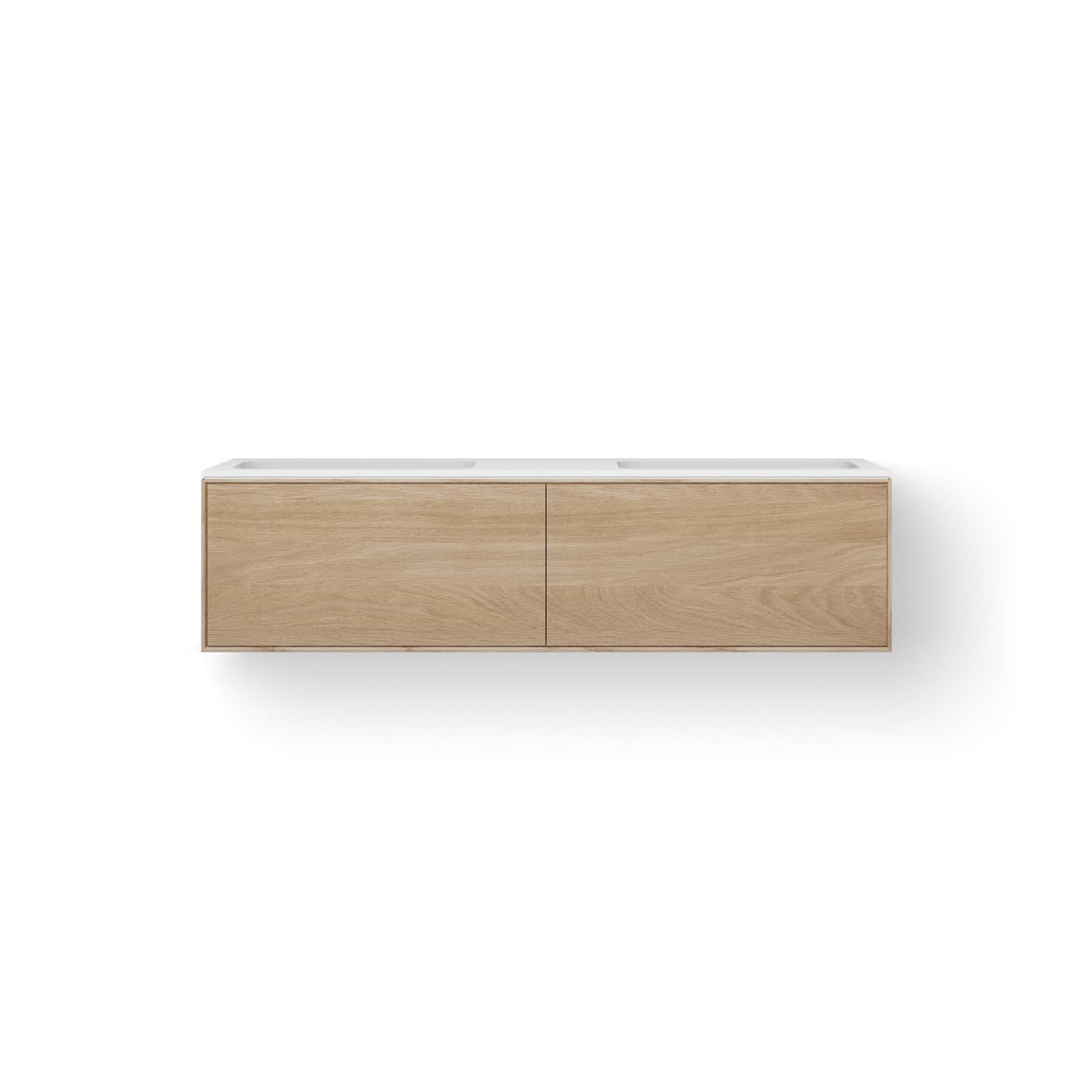 Looox Solid Facet 140 cm, Solid surface bovenblad, twee wasbakken 500 mm, wooden Facet meubel met 2 lades, old grey