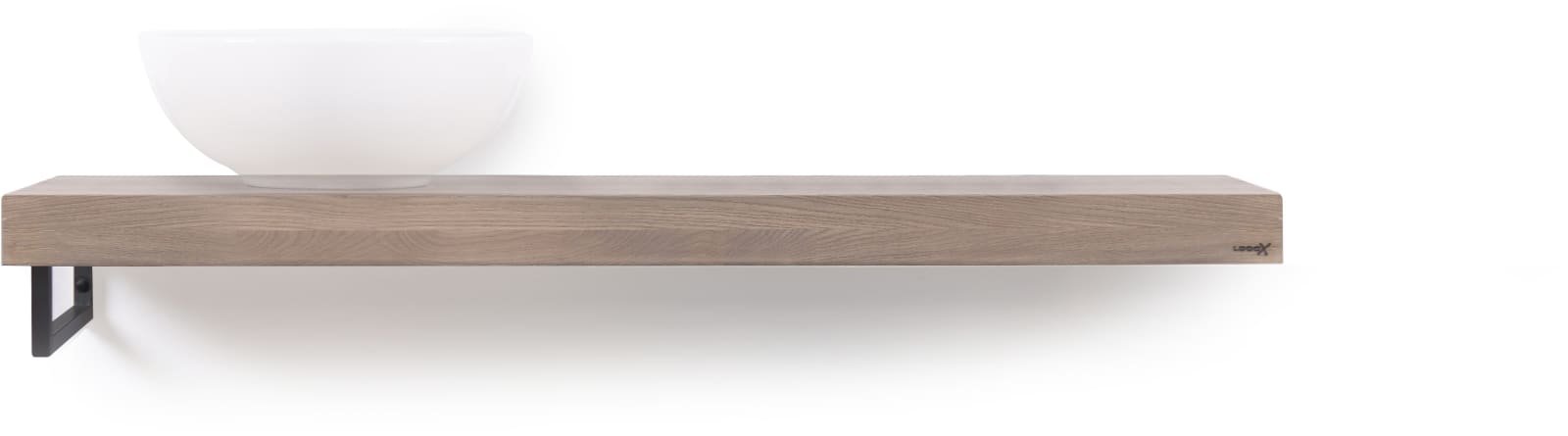 Looox Wooden Base Shelf Solo X 120 cm, eiken 'old grey' handdoekhouder links mat zwart