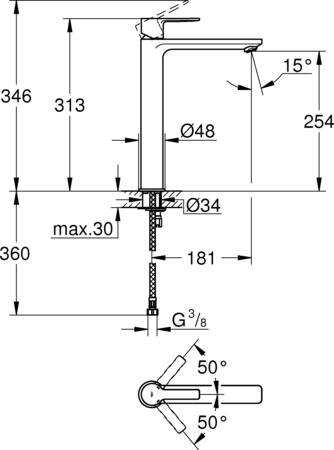 Grohe Lineare New, Wastafelmengkraan, XL-size, eengreeps, 1-gats, 313mm hoogte, glad, 181mm uitloop, vast, chroom