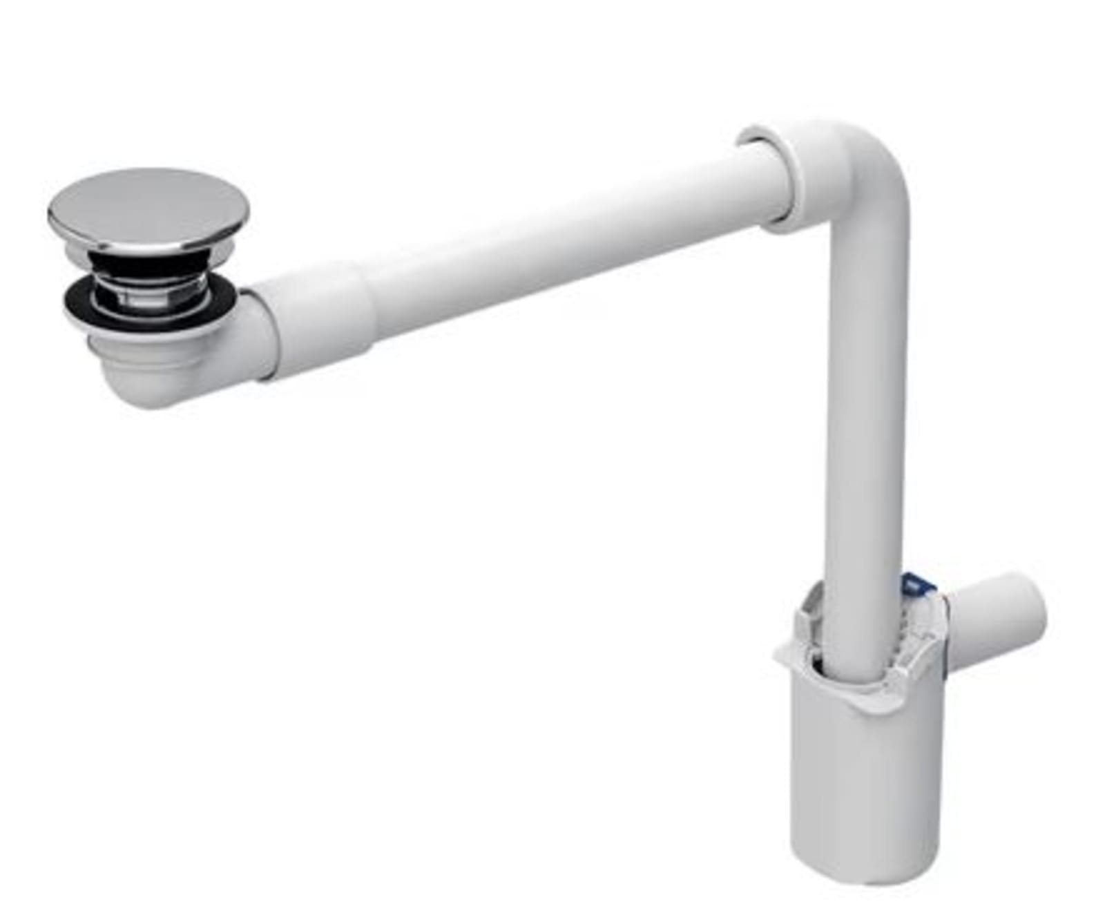 Geberit wasbakafvoer ruimtesparend model, met vrije uitloop en ventielafdekking d=32mm. Glans-chroom