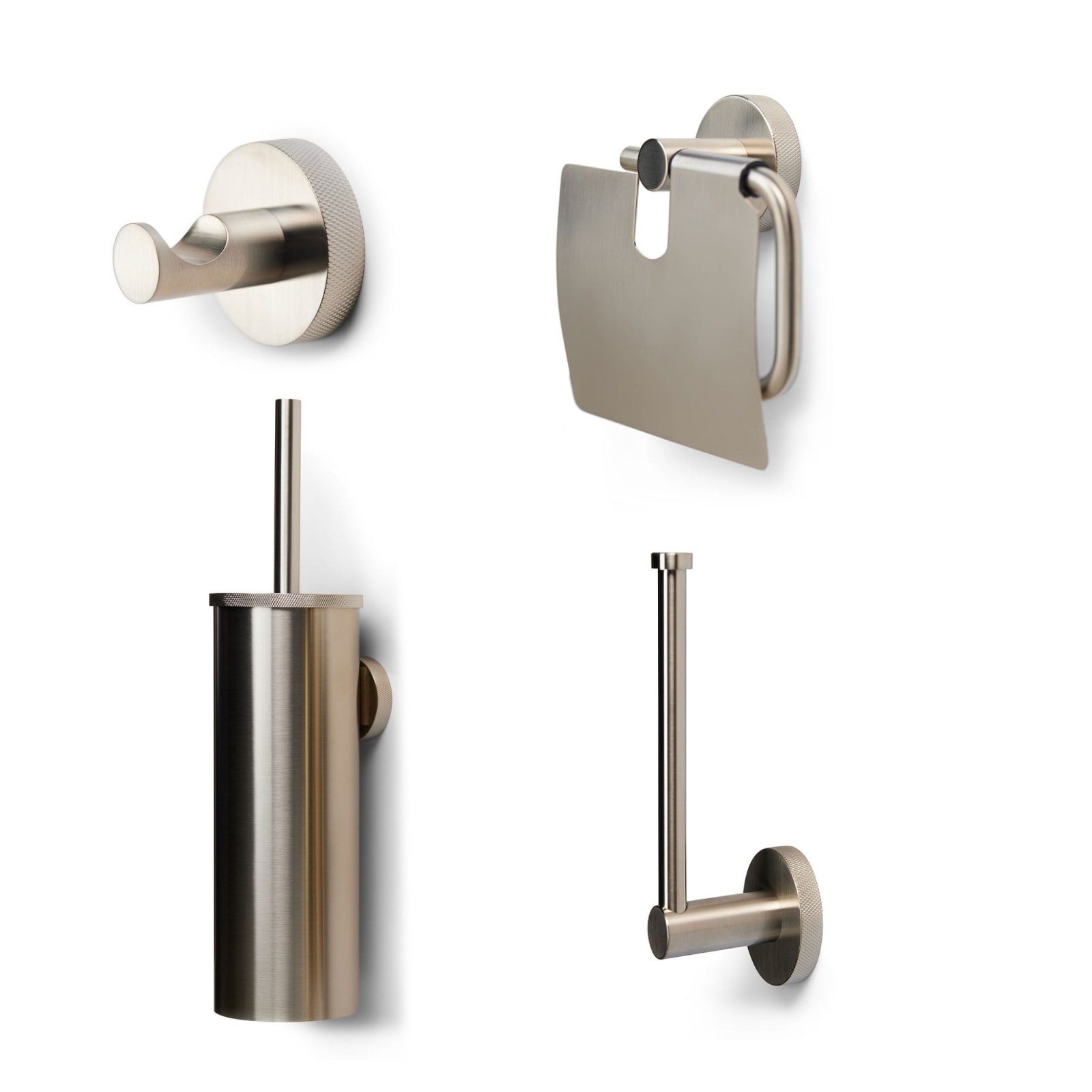 Blue Label Vida Facet toiletset, toiletborstel, toiletrolhouder, reserverolhouder en haakje, geborsteld nikkel