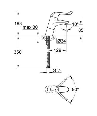 Grohe Eurosmart Care, Wastafelmengkraan, eengreeps, 1-gats, 183mm hoogte, glad, 129mm uitloop hoog, vast, chroom