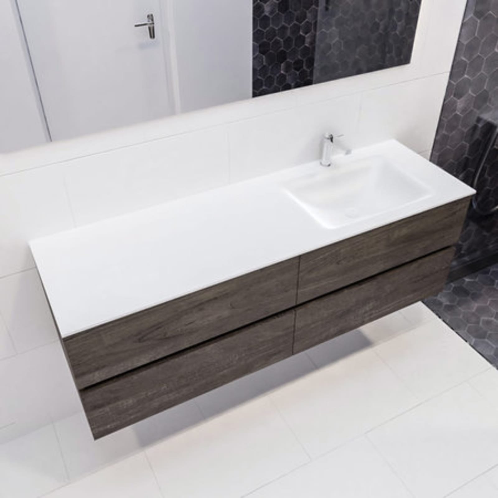 Blue Label Annika onderbouwkast, Solid Surface wastafel Cloud rechts, 4x lade, 1x kraangat, 1500x500x450mm (BxHxD), hout donkerbruin