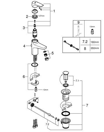 Grohe BauFlow, Wastafelmengkraan, S-size, trekwaste, eengreeps, 1-gats, 170mm hoogte, 90mm uitloop, vast, chroom