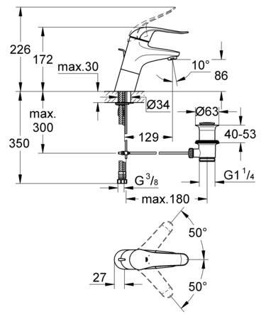 Grohe Eurosmart Care, Wastafelmengkraan, trekwaste, eengreeps, 1-gats, 172mm hoogte, glad, 129mm uitloop hoog, vast, chroom