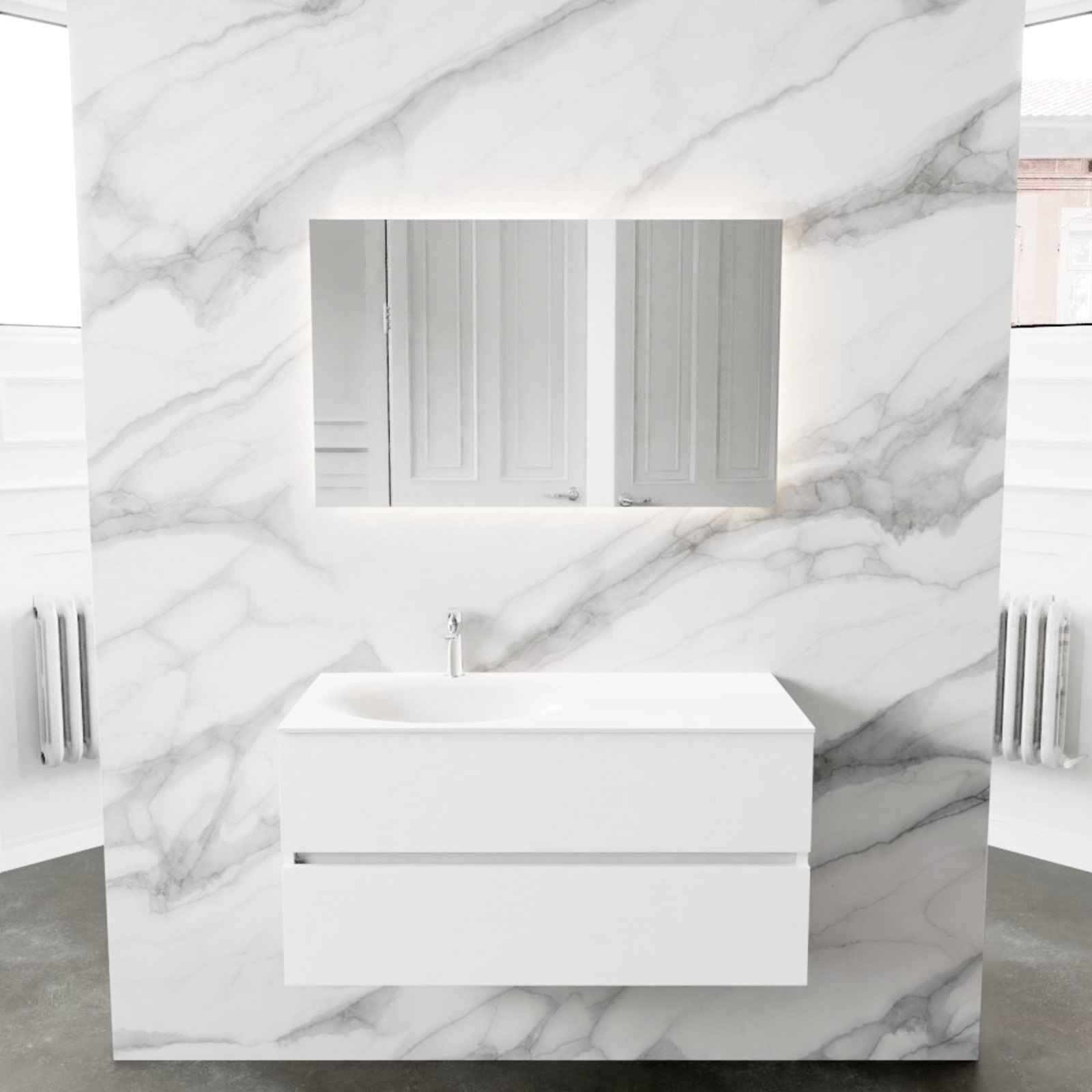 Blue Label Annika onderbouwkast, Solid Surface wastafel Moon, links, 2x lade, 1x kraangat, 1000 x 500 x 450mm (BxHxD), mat wit
