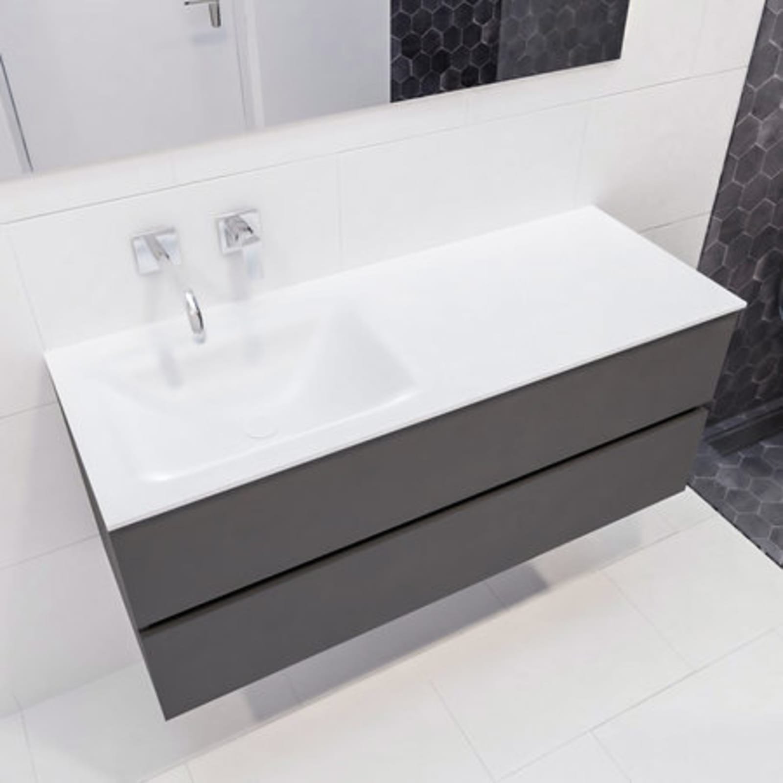 Blue Label Annika onderbouwkast, Solid Surface wastafel Cloud, links, 2x lade, geen kraangat, 1200 x 500 x 450mm (BxHxD), antraciet