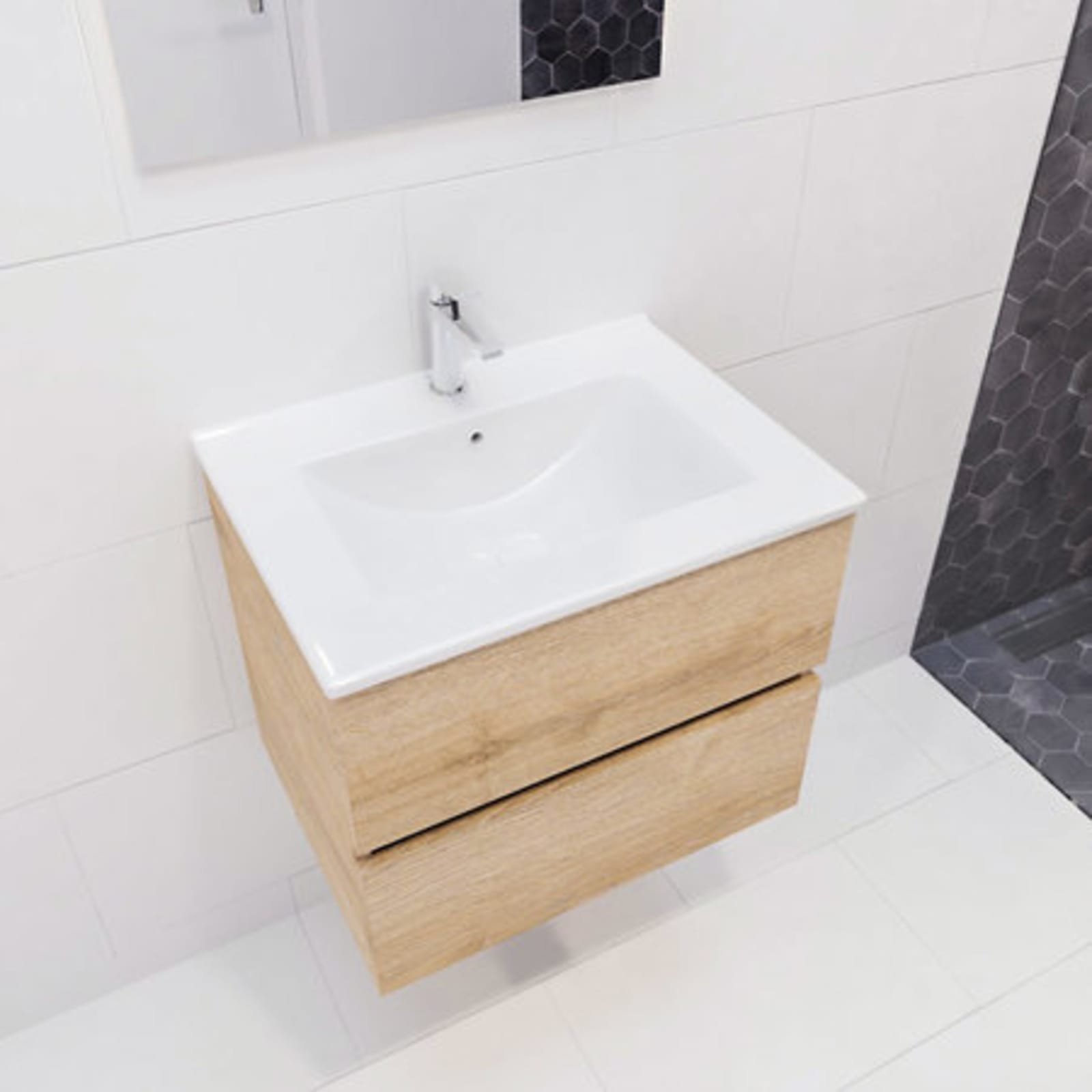 Blue Label Annika onderbouwkast met keramische wastafel Denia midden, 2x lade, 1x kraangat, 600x500x450mm (BxHxD) hout gewassen eik