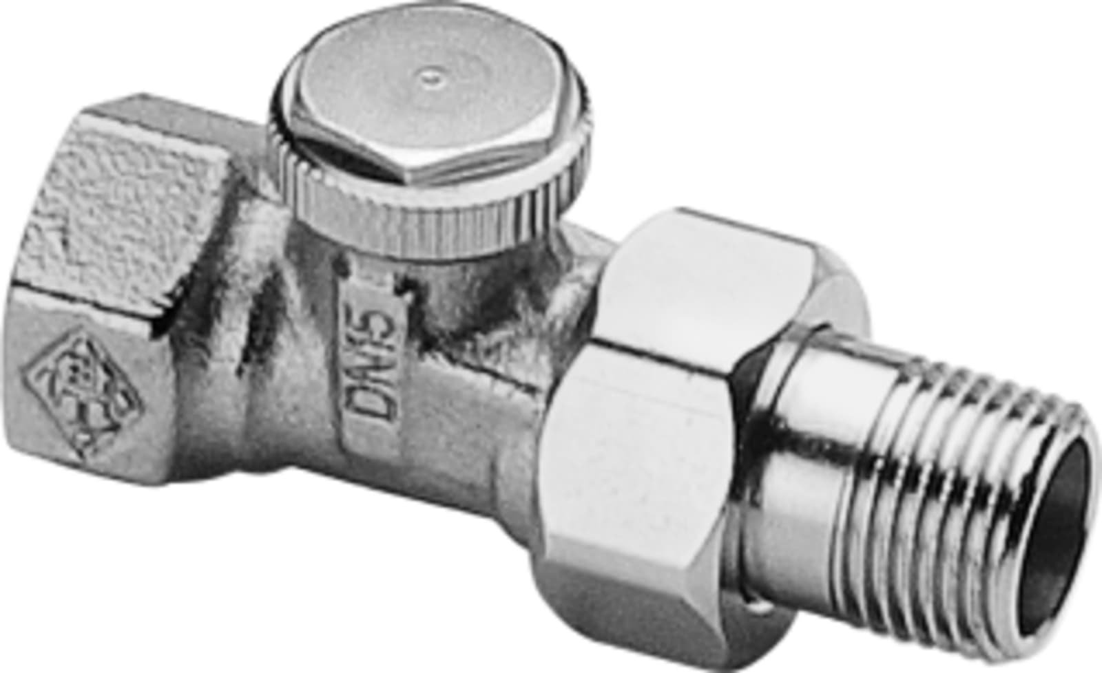 Heimeier voetventiel, brons, 1/2" (15), recht, staartstuk/binnendraad, vernikkeld, bediening: binnenzeskant