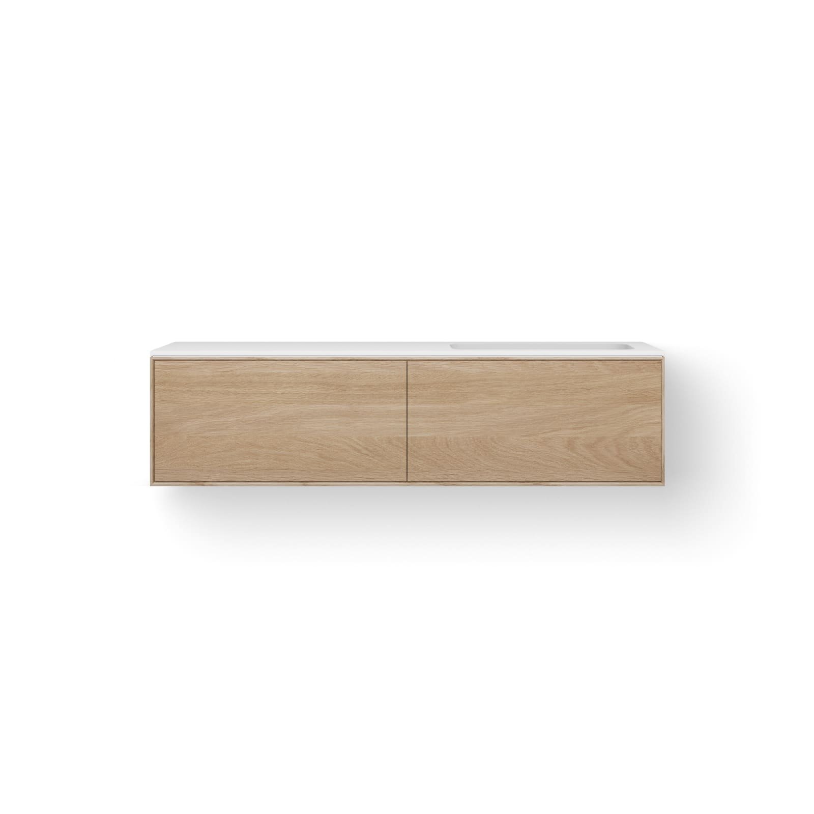 Looox Solid Facet 140 cm, Solid surface bovenblad, wasbak 500 mm rechts, wooden Facet meubel met 2 lades, old grey