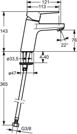 HansaTwist wastafelmengkraan, met vaste uitloop, zonder boorgat, open hendel, 3/8"flexibele aansluitslangen, sprong 121mm