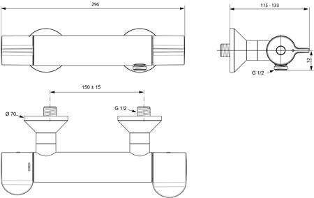 Ideal Standard Ceraplus 2, Douchethermostaatkraan, , wand, tweegreeps, 2-gats, 1/2", temperatuurblokkering, met koppelingen, chroom