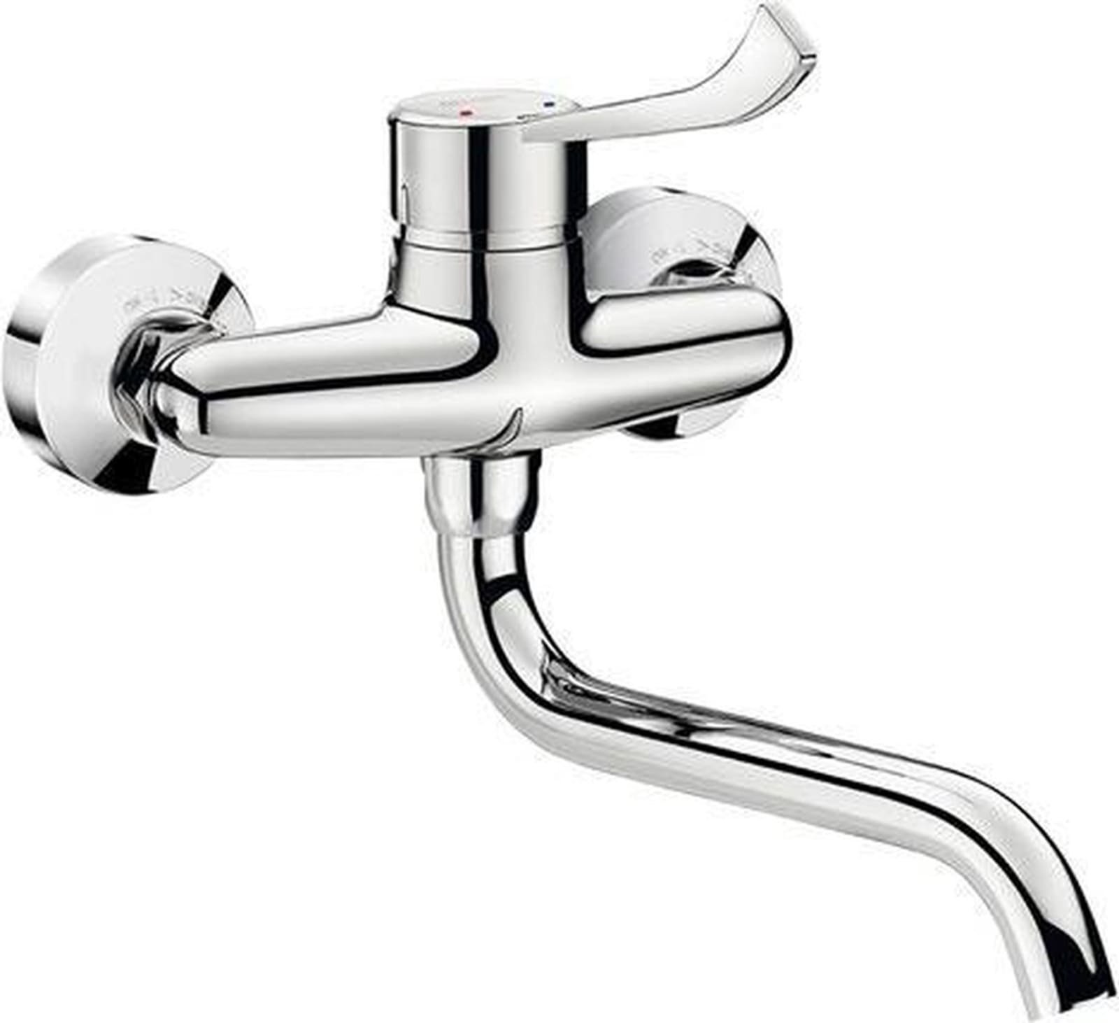 Delabie mechanische muurmengkraan voor spoeltafel, getrokken draaibare uitloop, L200, hygien hendel, stop/check koppeling, chroom