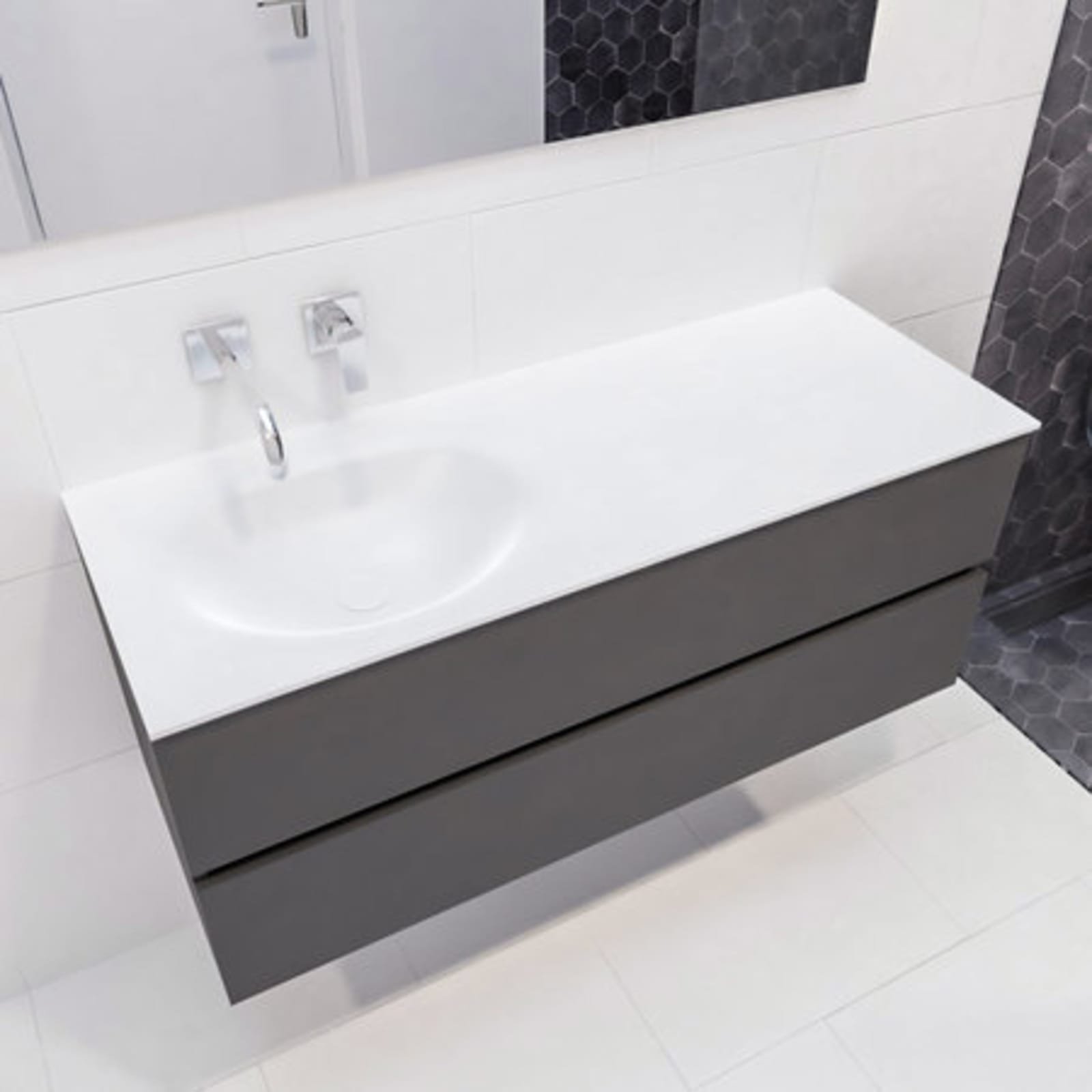 Blue Label Annika onderbouwkast, Solid Surface wastafel Moon, links, 2x lade, geen kraangat, 1200 x 500 x 450mm (BxHxD), antraciet