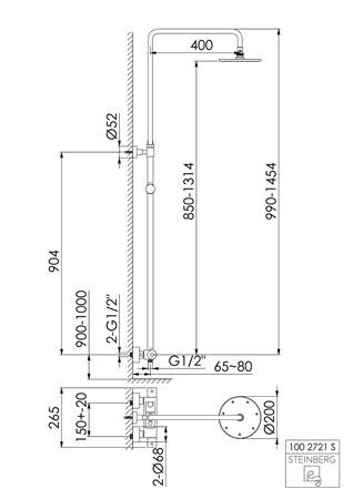 Steinberg 100 douchesysteem met 200mm messing hoofddouche, draaibare en in hoogte verstelbare regendouche-arm, easyclean, mat zwart