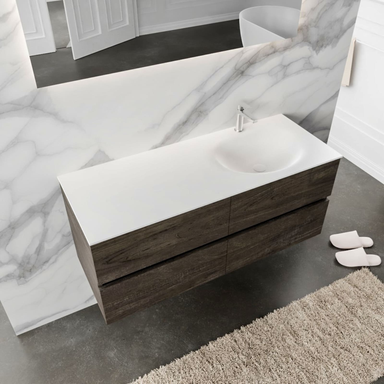 Blue Label Annika onderbouwkast, Solid Surface wastafel Moon rechts, 4x lade, 1x kraangat, 1200x500x450mm (BxHxD), hout donkerbruin
