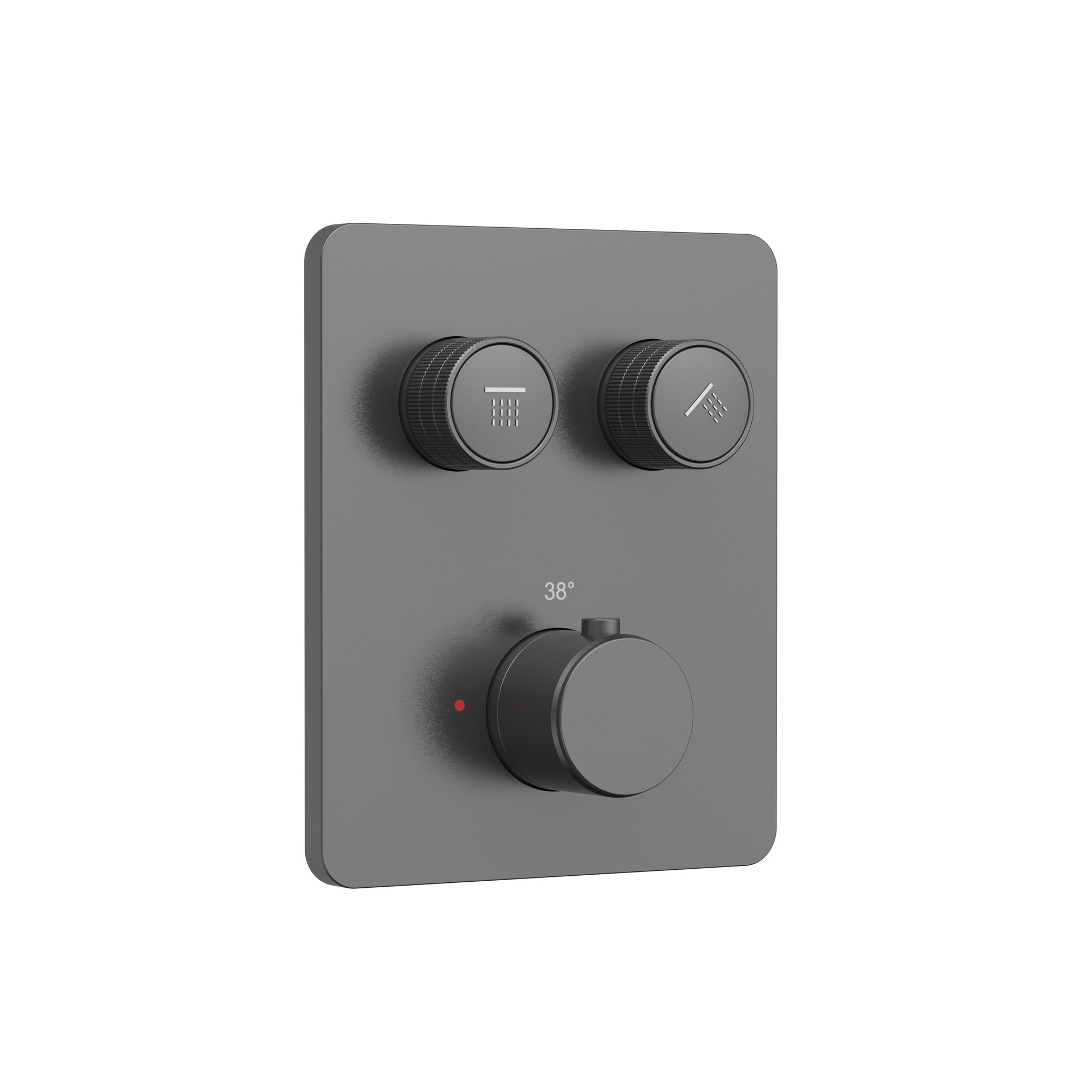 STRIA DOUCHEMENGKRAAN - 2 WEG - THERMOSTATISCH - DRUKNOPPEN MET VERFIJNDE RIBBELSTRUCTUUR - MET INBOUWBOX EN AFBOUWDEEL - RECHTHOEKIG - BELGAQUA - GUNMETAL (PVD)
