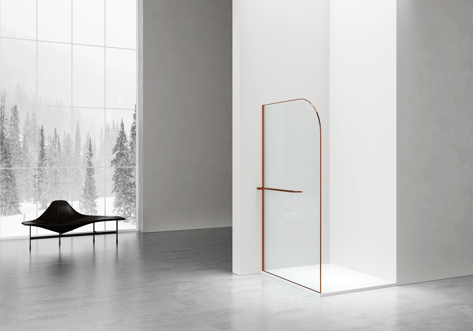 CURVY INLOOPDOUCHE MET HANDDOEKHOUDER - GEBOGEN - MET ANTI-KALKBEHANDELING - OMKEERBAAR - 8MM VEILIGHEIDSGLAS - 120X200CM - GEBORSTELD KOPER - GEBOGEN - HELDER GLAS