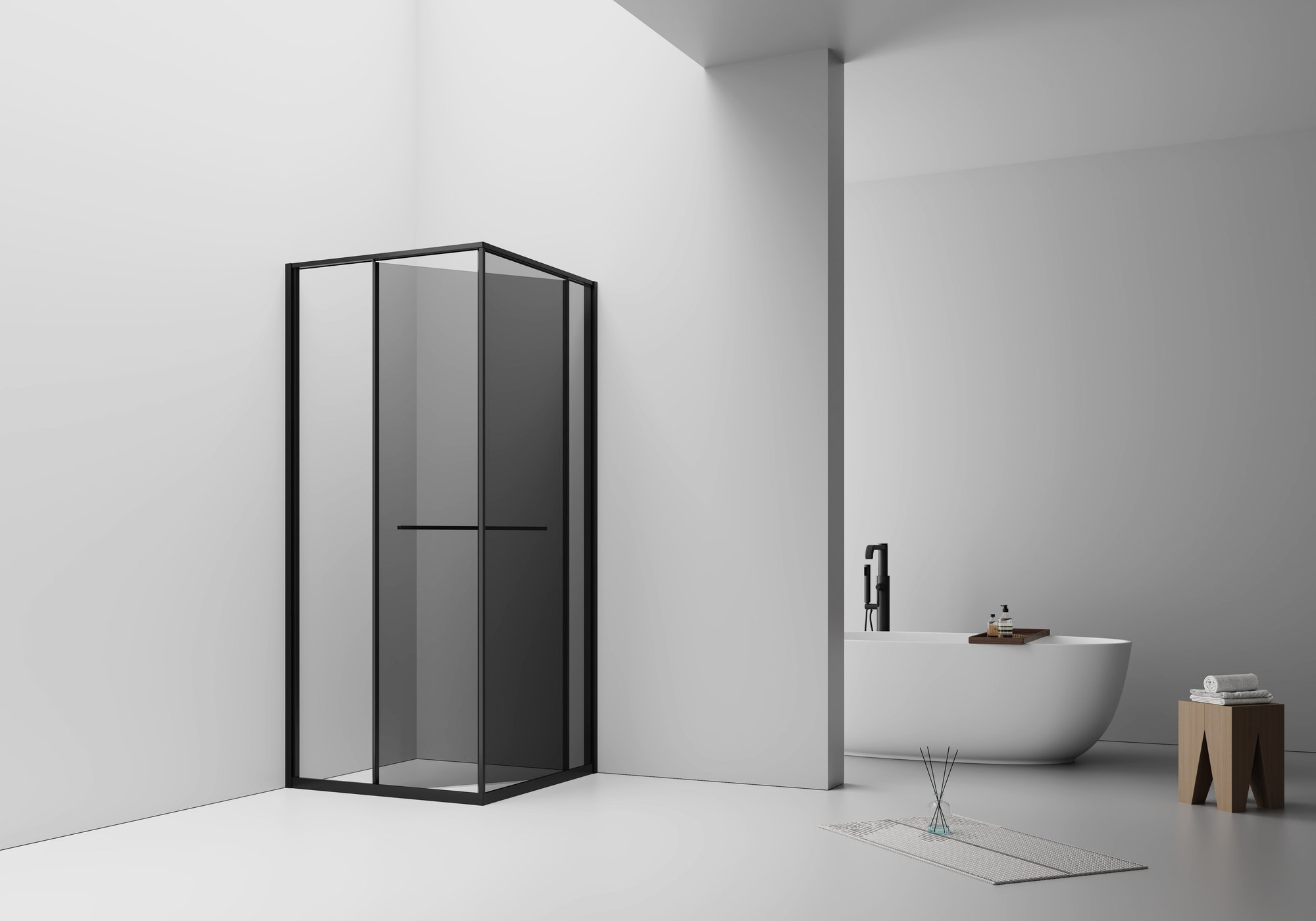 INSLIDE DOUCHECABINE - NAAR BINNEN OPENENDE SCHUIFDEUR EN ZIJWAND - RUIMTEBESPAREND - OMKEERBAAR - 6MM VEILIGHEIDSGLAS - 90X90X200 CM - MAT ZWART - GRIJS ROOKGLAS thumbnail 4