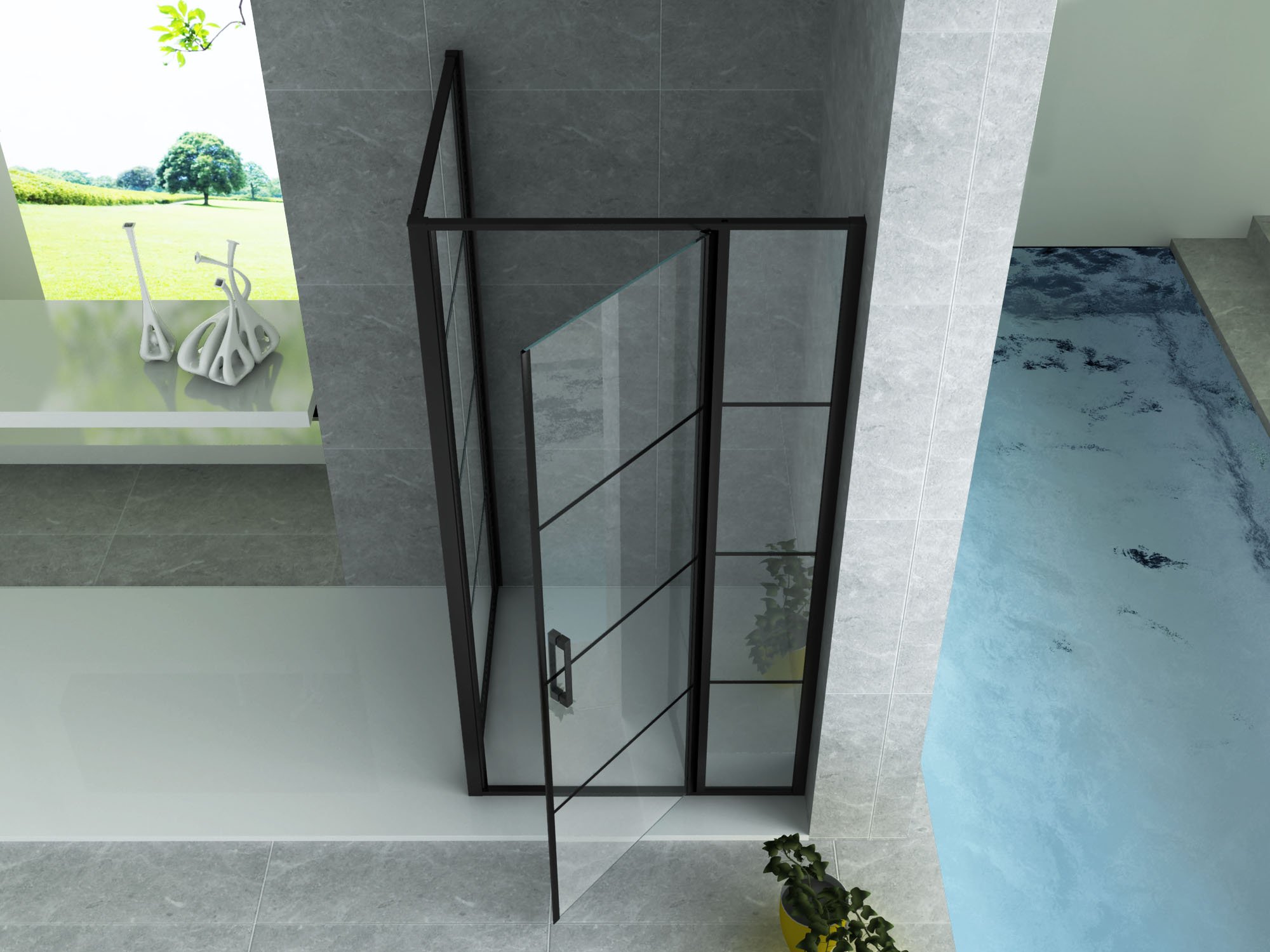 ALONI DOUCHECABINE - DRAAIDEUR EN ZIJWAND - 900 X 1400 X2000 MM - MAT ZWART - HELDER GLAS MET ZWART RASTER thumbnail 2
