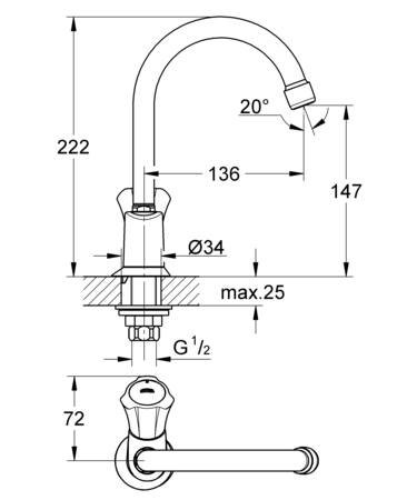 Grohe Costa L, Toiletkraan, eengreeps, 1-gats, bovendeel niet keramisch, 222mm hoogte, 136mm uitloop hoog, draaibaar, chroom