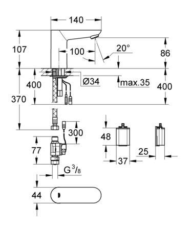 Grohe Eurosmart Cosmopolitan E, electronisch wastafelkraan, contactloos, batterij, 3/8", messing, uitloop 100mm, chroom