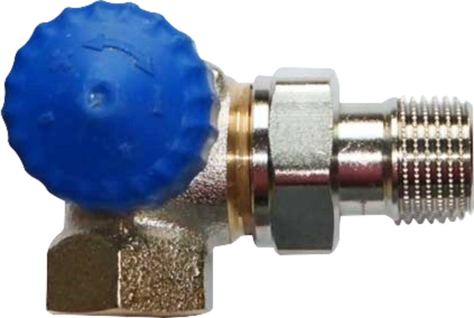 Heimeier thermostatische radiatorkraan met vaste Kv waarde 1/2" Dubbel Haaks Links. T.b.v. M30 kop. Met bijzonder lage weerstand