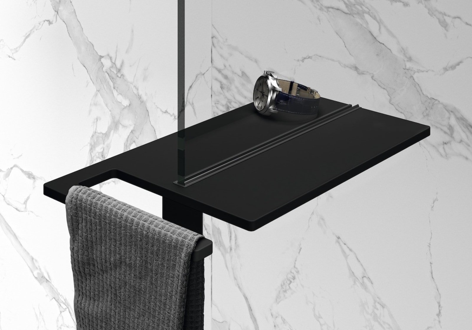 Huppe Select+, Doucheplank, met handdoekhouder, vlak design, eenvoudige reiniging, monteren zonder boren, geklemd, zwart editie