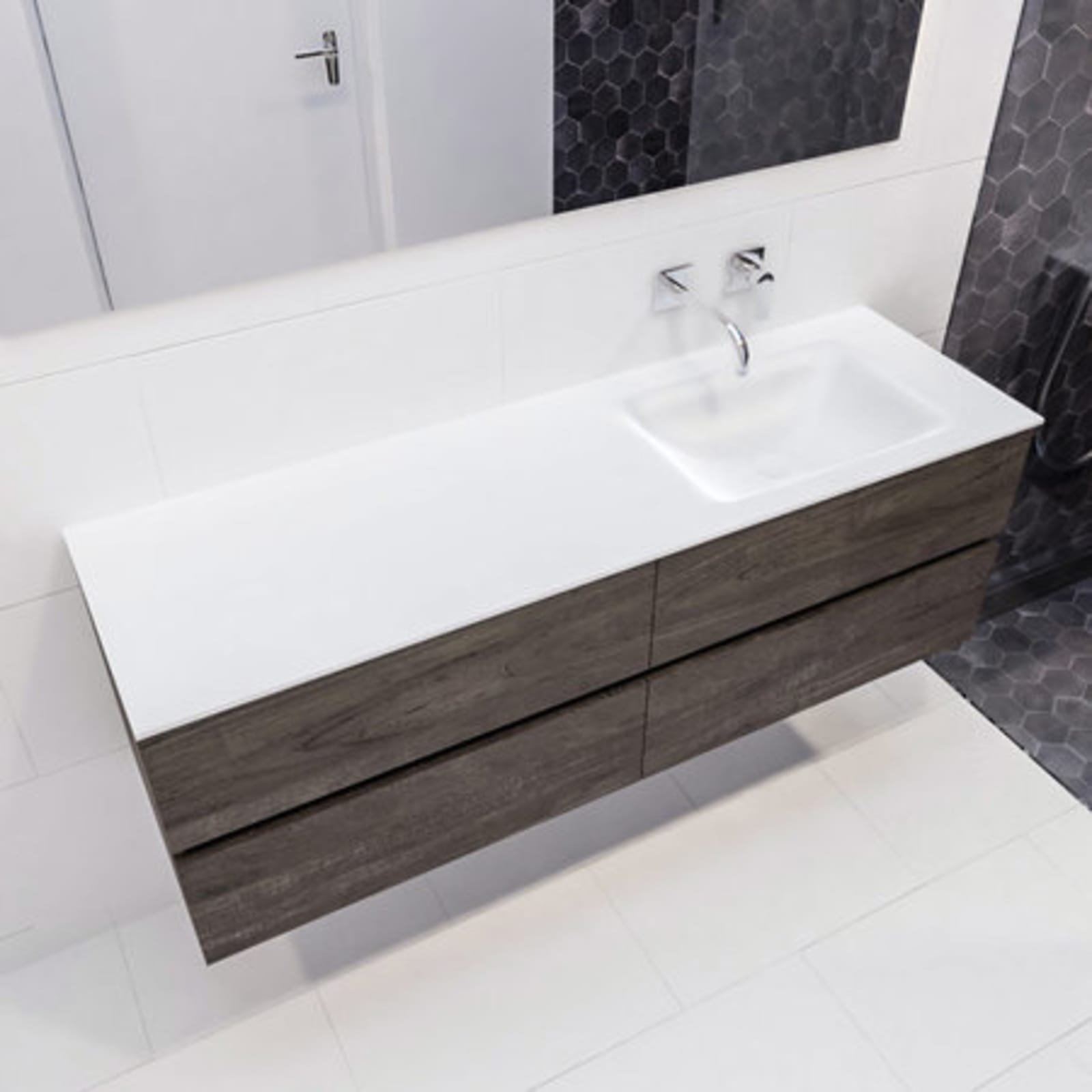 Blue Label Annika onderbouwkast, Solid Surface wastafel Cloud rechts, 4x lade,geen kraangat, 1500x500x450mm (BxHxD) hout donkerbruin