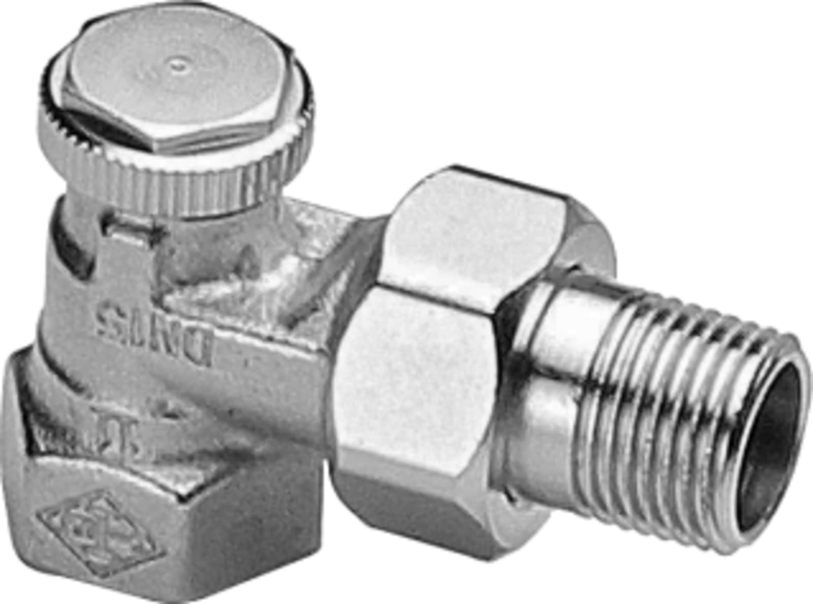 Heimeier voetventiel, brons, 1/2" (15), haaks, staartstuk/binnendraad, vernikkeld, bediening: binnenzeskant