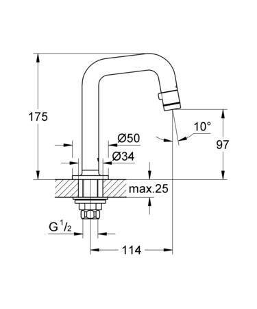 Grohe Universal, Toiletkraan, draaimechanisme, 1-gats, bovendeel keramisch, 199mm hoogte, 114mm voorsprong U-uitloop, vast, chroom