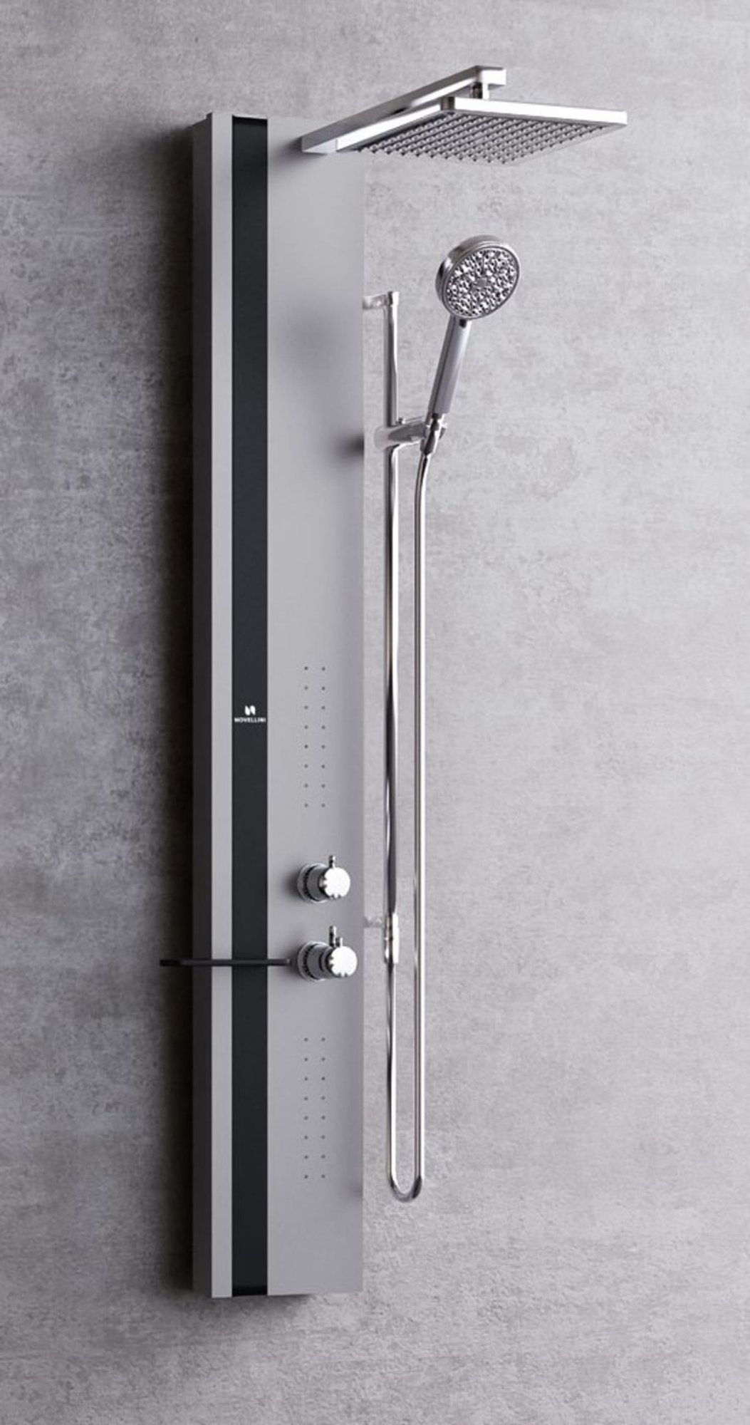 Novellini Line 2, Douchepaneel, therm. mengkraan, 1500 x 220 x 75mm (HxBxD), paneel mat zilver, decoratieband zwart