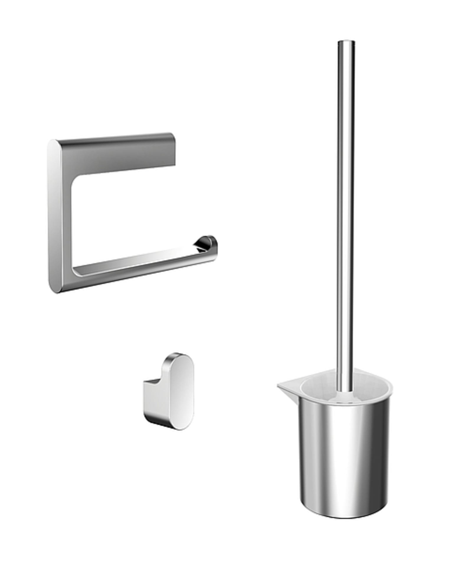Emco Flow toiletset, toiletrolhouder met klep, toiletbostelganrituur en dubbele haak, chroom
